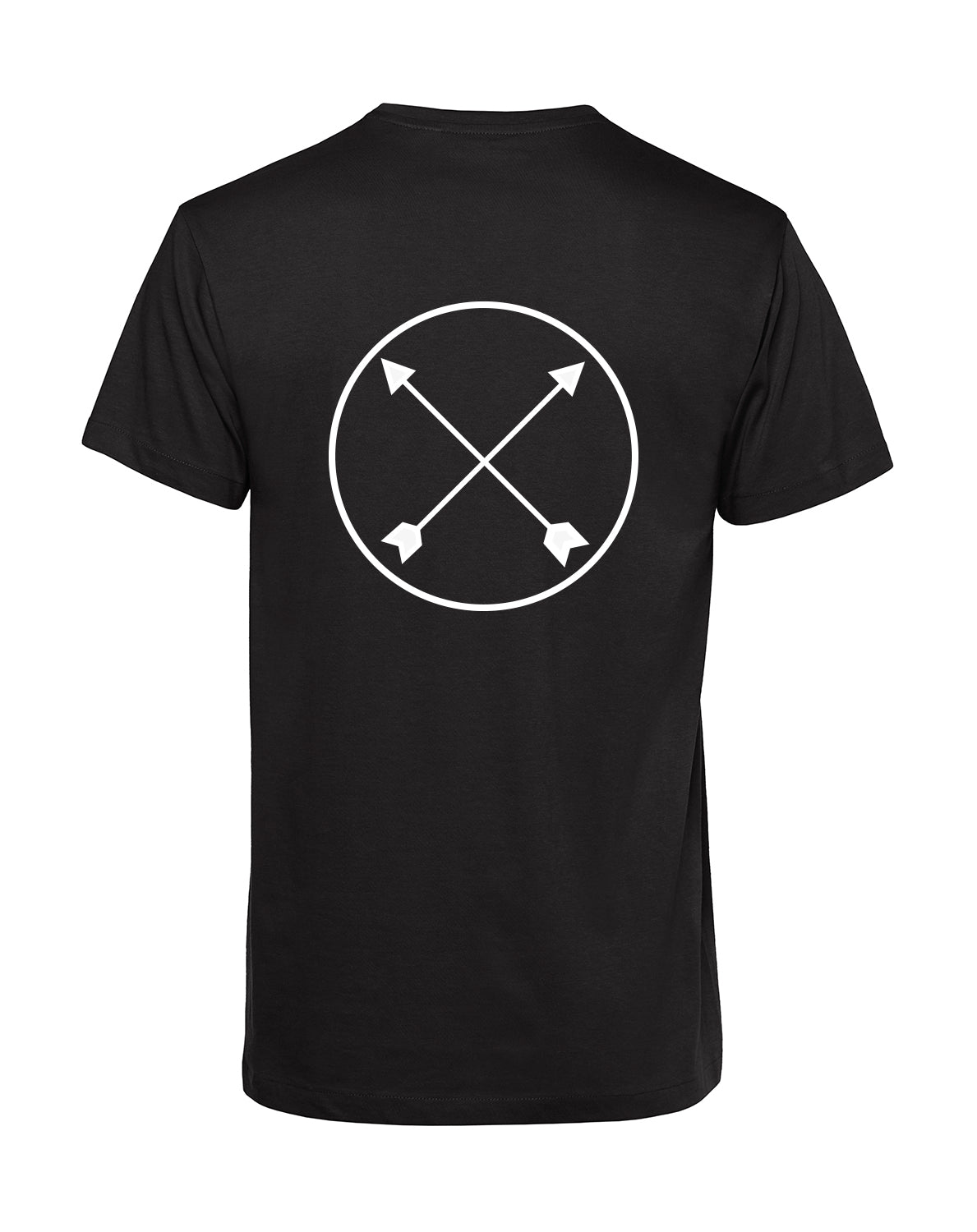 Camiseta negra unisex 100% algodón con logo pequeño en el pecho y diseño grande en la espalda – estilo urbano Street Basics.

